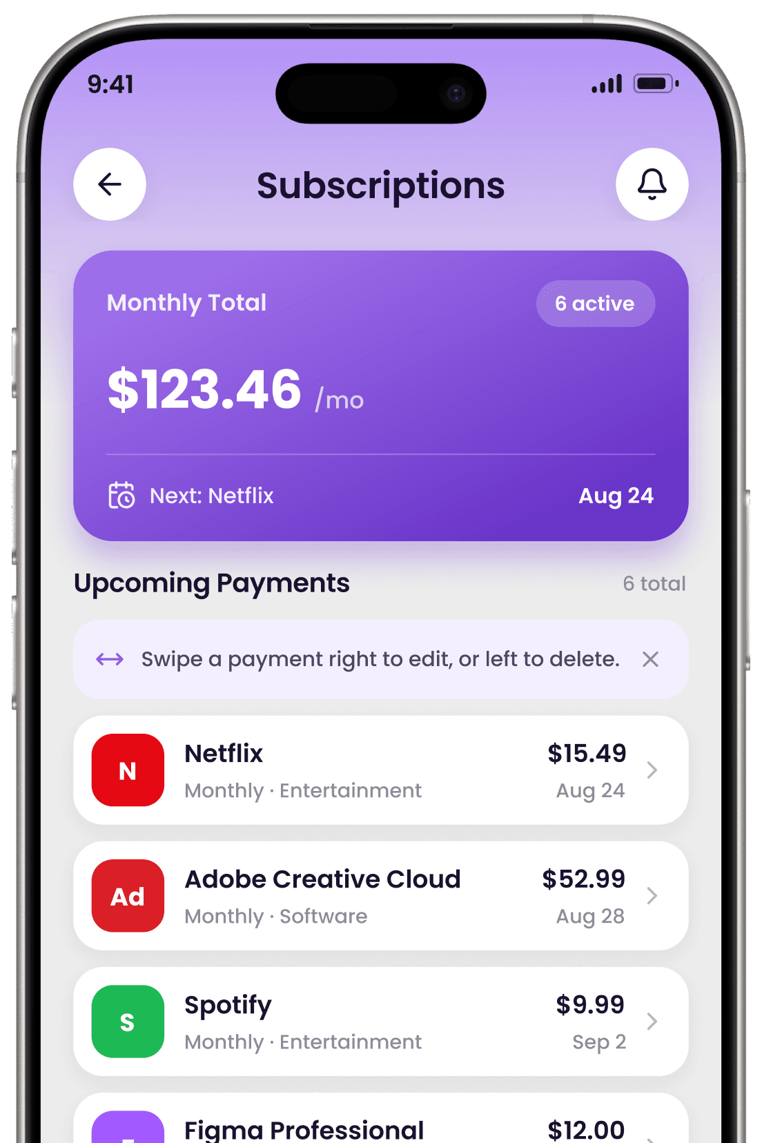 The Expense Trackee subscriptions screen showing the monthly total and upcoming renewals