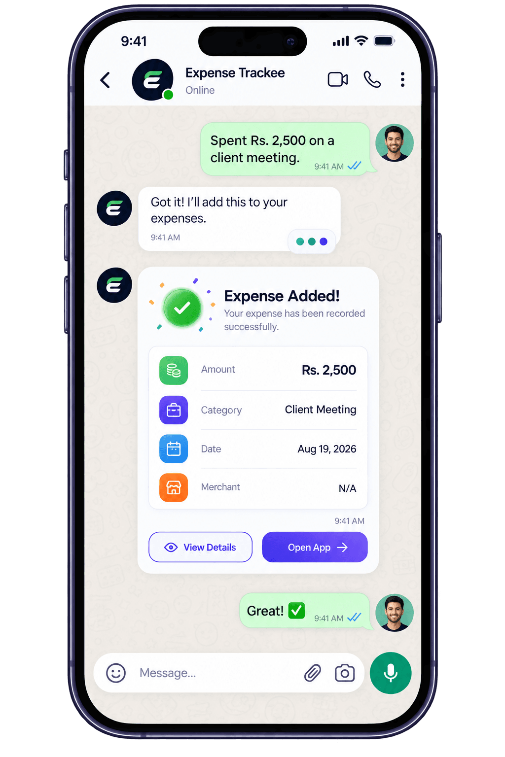 A WhatsApp chat in which Expense Trackee turns a spend message into a logged expense